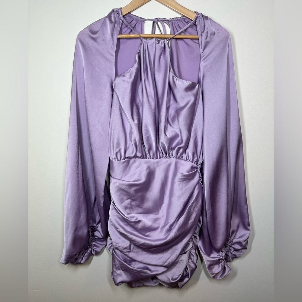 House of‎ CB Lilac Kate Orchid Satin Wrap Front Mini Dress Medium - Picture 3 of 13